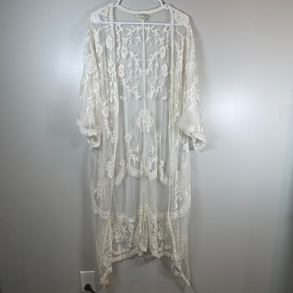 Dizzy Gal Plus Size 2X Cream Lace Kimono Duster Floral Embroidered Boho Festival